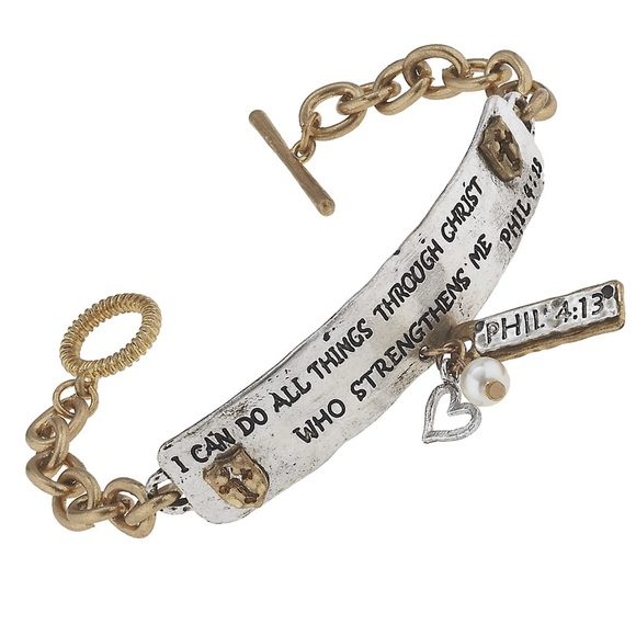 Phil 4:13 I Can Do All Things Through Christ 2-Tone Chain Bracelet - Picture 1 of 2